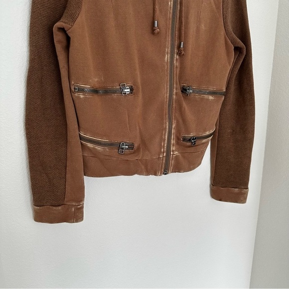 Free People Distressed Knit Full Zip Hoodie Moto Style Brown Size Small Women’s - Picture 3 of 11